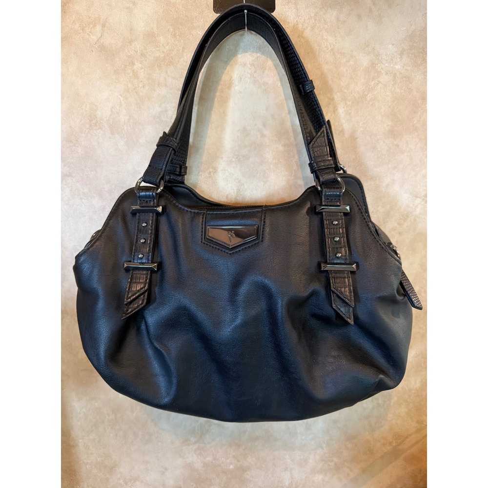 Simply Vera Vera Wang Black Hobo Bag Croc Trim Shoulder Purse Gunmetal Hardware